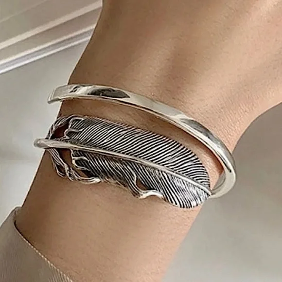 Silver Feather Bangle Cuff Bracelet - Picture 1 of 9
